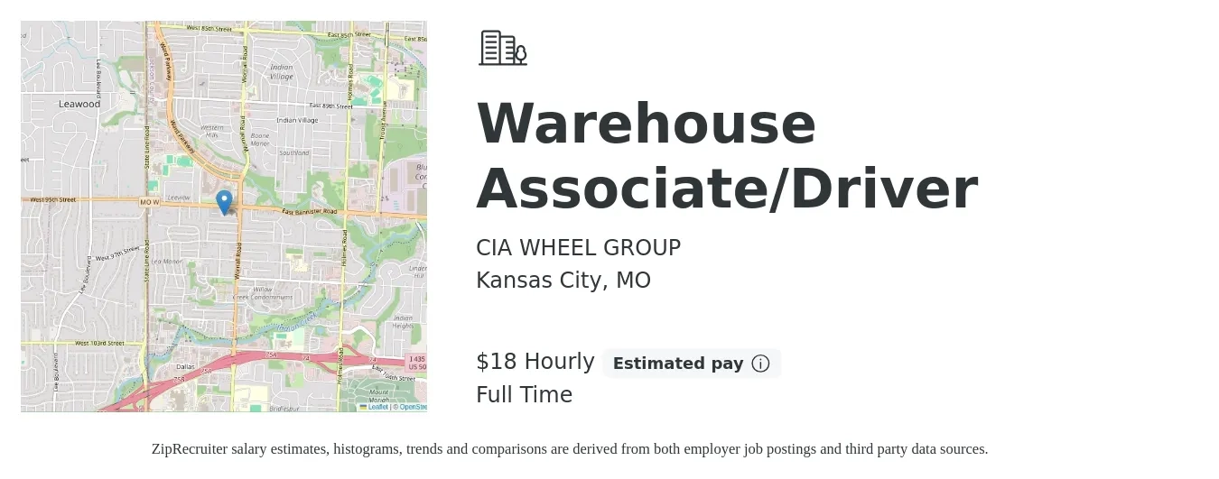 CIA WHEEL GROUP job posting for a Warehouse Associate/Driver in Kansas City, MO with a salary of $19 Hourly with a map of Kansas City location.