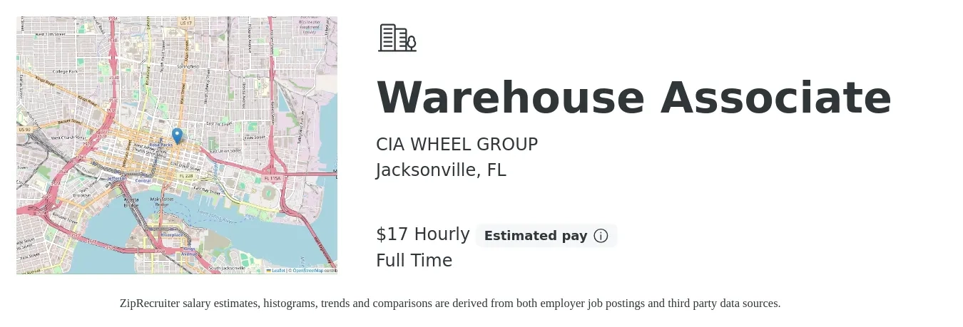 CIA WHEEL GROUP job posting for a Warehouse Associate in Jacksonville, FL with a salary of $18 Hourly with a map of Jacksonville location.