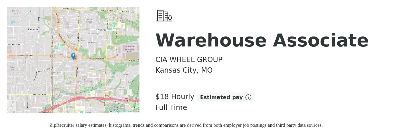 CIA WHEEL GROUP job posting for a Warehouse Associate in Kansas City, MO with a salary of $19 Hourly with a map of Kansas City location.