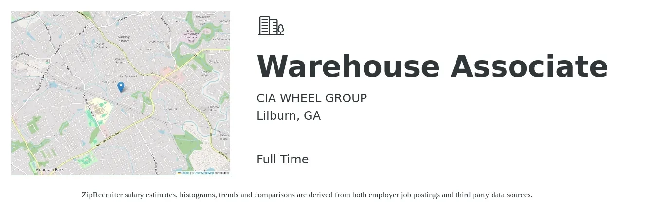 CIA WHEEL GROUP job posting for a Warehouse Associate in Lilburn, GA with a salary of $15 to $18 Hourly with a map of Lilburn location.