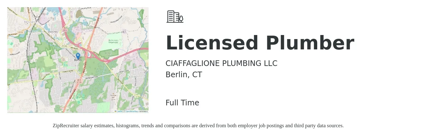 CIAFFAGLIONE PLUMBING LLC job posting for a Licensed Plumber in Berlin, CT with a salary of $29 to $43 Hourly with a map of Berlin location.