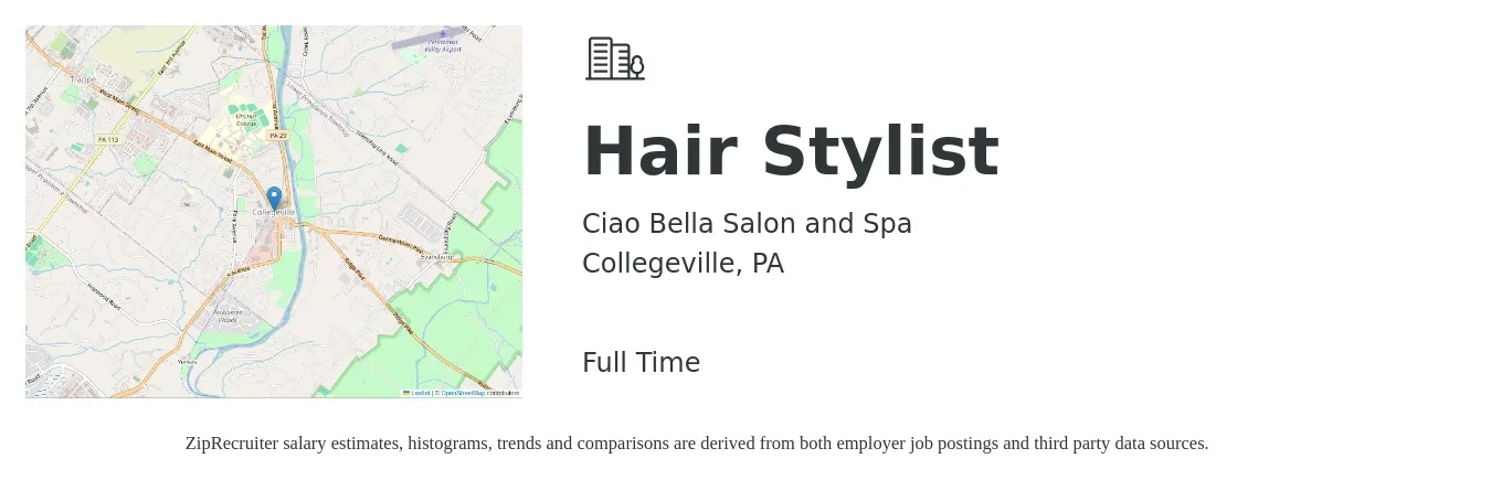 Ciao Bella Salon and Spa job posting for a Hair Stylist in Collegeville, PA with a salary of $17 to $25 Hourly with a map of Collegeville location.