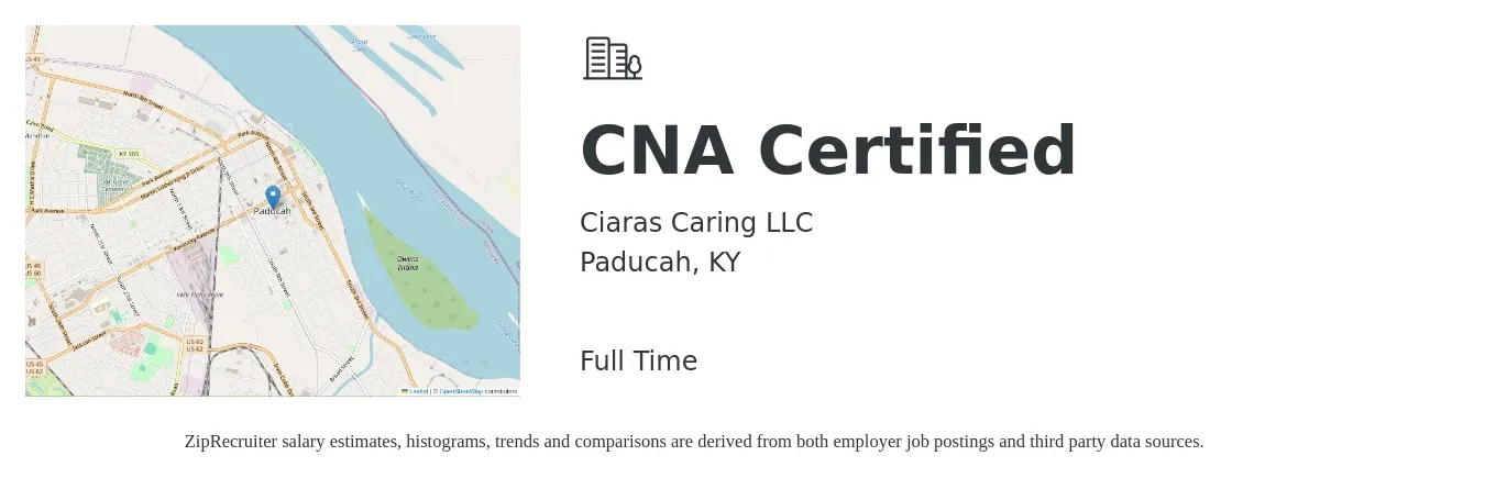 Ciaras Caring LLC job posting for a CNA Certified in Paducah, KY with a salary of $17 to $23 Hourly with a map of Paducah location.