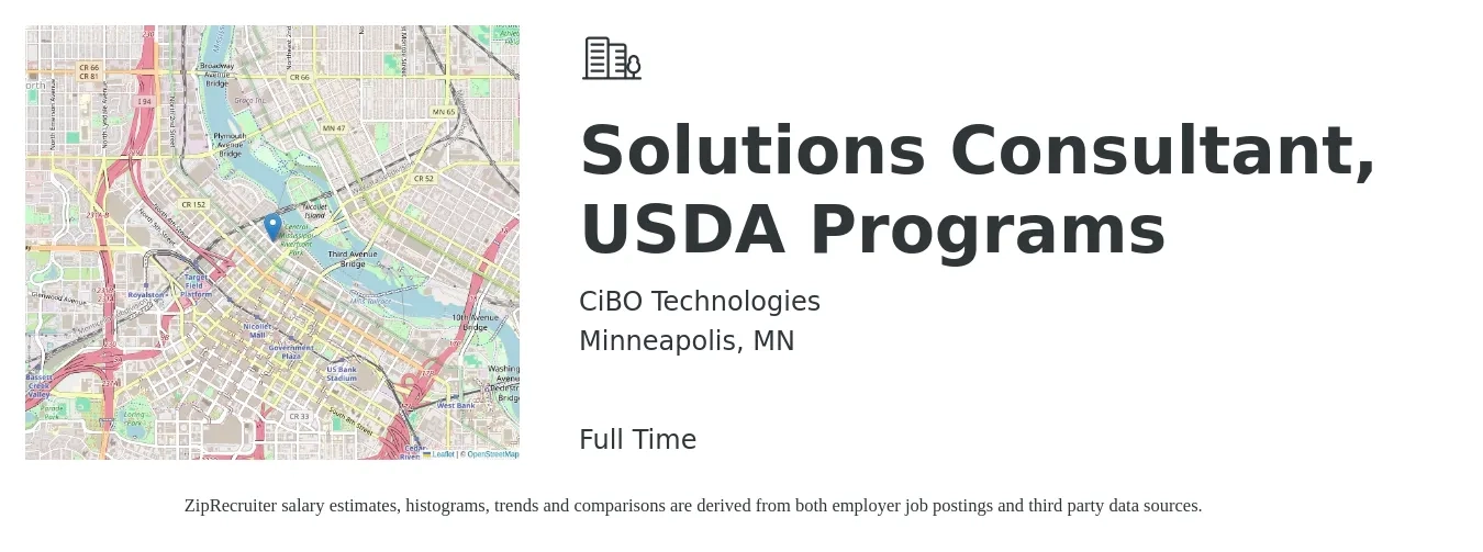 CiBO Technologies job posting for a Solutions Consultant, USDA Programs in Minneapolis, MN with a salary of $53 to $92 Hourly with a map of Minneapolis location.