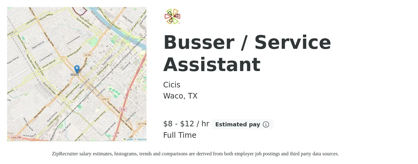 Cicis job posting for a Busser / Service Assistant in Waco, TX with a salary of $9 to $13 Hourly with a map of Waco location.