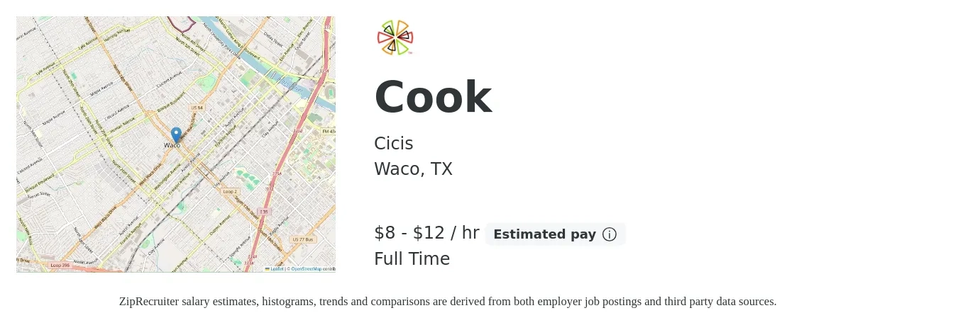 Cicis job posting for a Cook in Waco, TX with a salary of $12 to $17 Hourly with a map of Waco location.