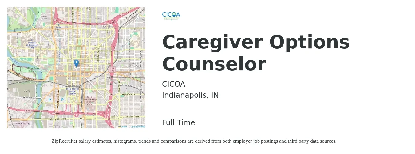 CICOA job posting for a Caregiver Options Counselor in Indianapolis, IN with a salary of $14 to $17 Hourly with a map of Indianapolis location.