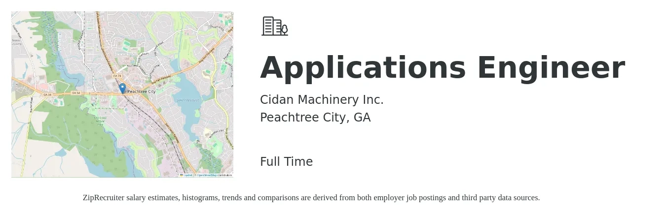 Cidan Machinery Inc. job posting for a Applications Engineer in Peachtree City, GA with a salary of $78,000 to $125,400 Yearly with a map of Peachtree City location.