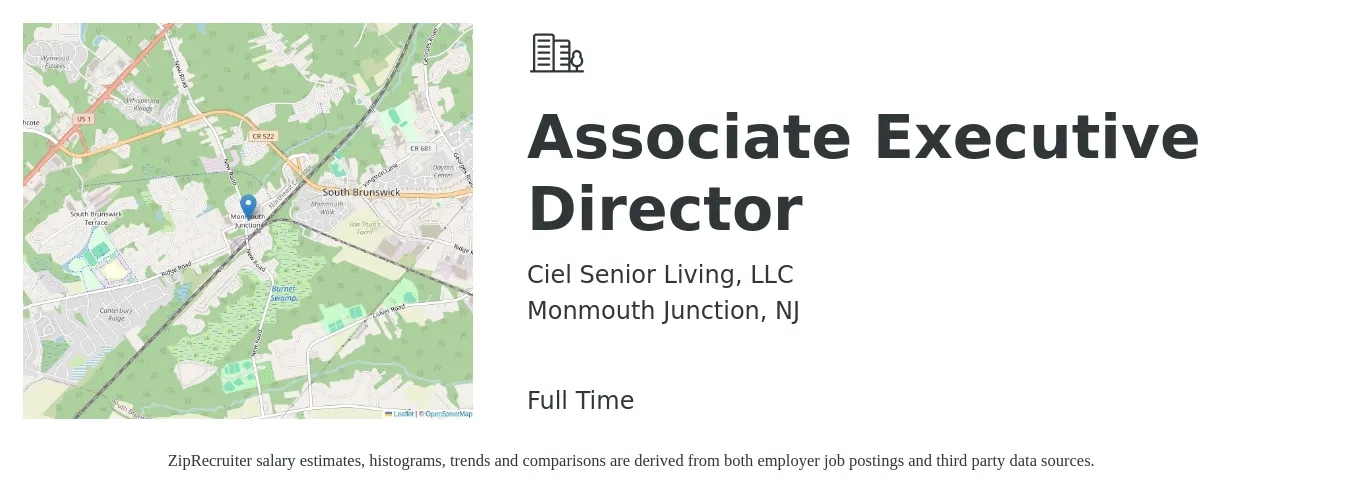 Ciel Senior Living, LLC job posting for a Associate Executive Director in Monmouth Junction, NJ with a salary of $56,800 to $135,500 Yearly with a map of Monmouth Junction location.