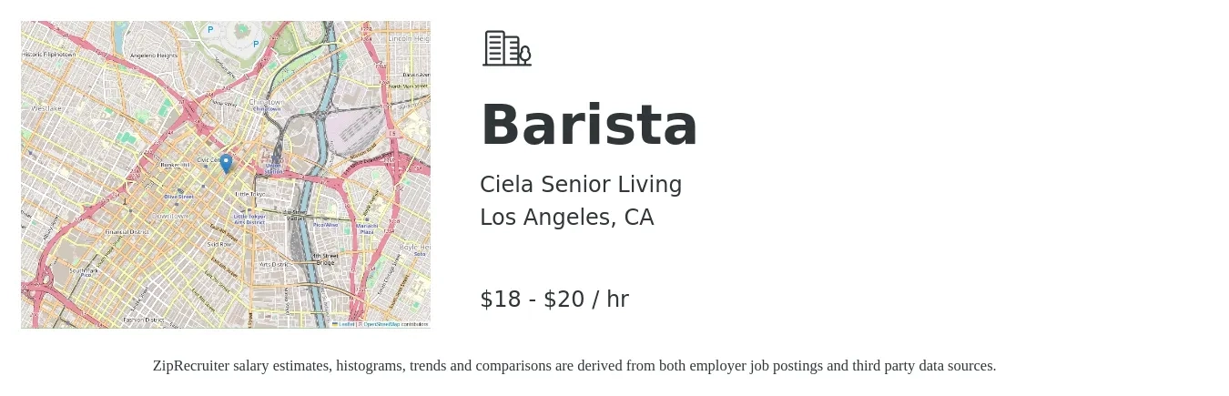Ciela Senior Living job posting for a Barista in Los Angeles, CA with a salary of $19 to $22 Hourly with a map of Los Angeles location.