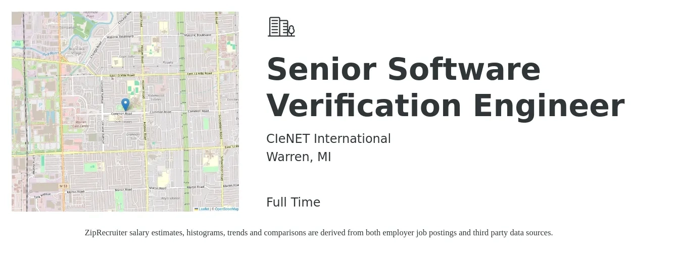 CIeNET International job posting for a Senior Software Verification Engineer in Warren, MI with a salary of $115,100 to $151,700 Yearly with a map of Warren location.