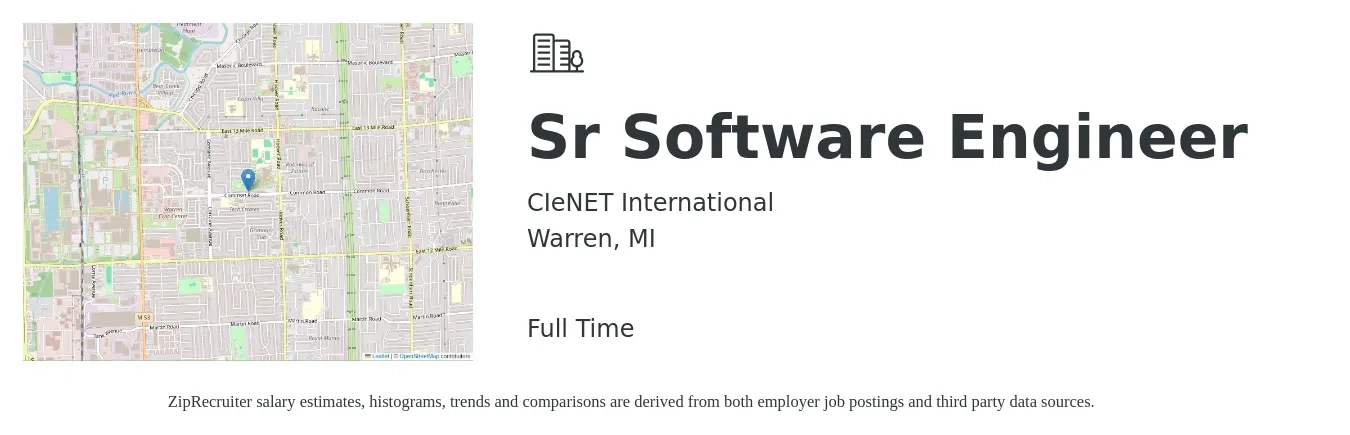 CIeNET International job posting for a Sr Software Engineer in Warren, MI with a salary of $115,100 to $151,700 Yearly with a map of Warren location.