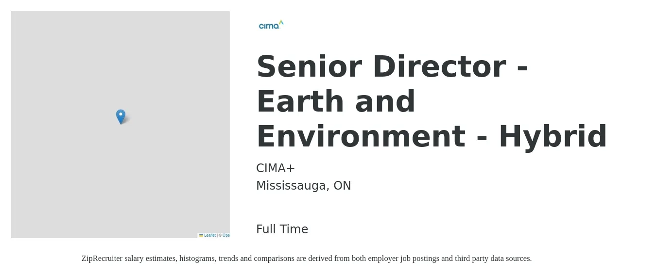 CIMA+ job posting for a Senior Director - Earth and Environment - Hybrid in Mississauga, ON with a map of Mississauga location.