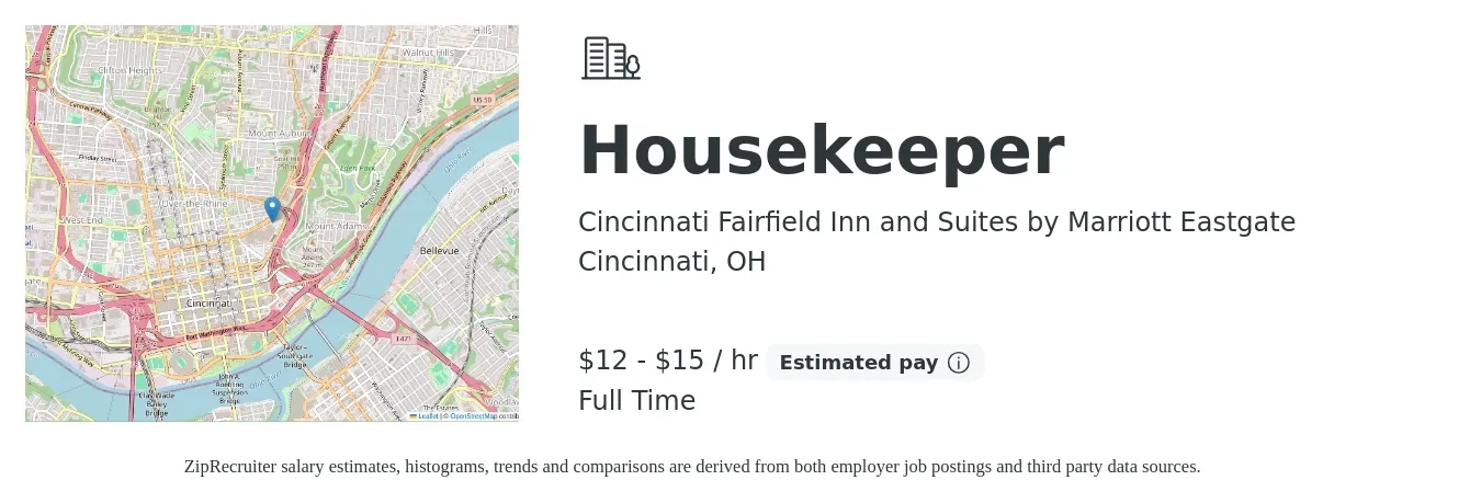 Cincinnati Fairfield Inn and Suites by Marriott Eastgate job posting for a Housekeeper in Cincinnati, OH with a salary of $13 to $16 Hourly with a map of Cincinnati location.