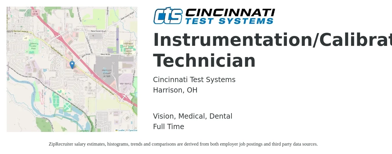 Cincinnati Test Systems job posting for a Instrumentation/Calibration Technician in Harrison, OH with a salary of $21 to $28 Hourly and benefits including vision, dental, life_insurance, medical, and retirement with a map of Harrison location.