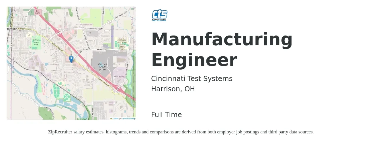 Cincinnati Test Systems job posting for a Manufacturing Engineer in Harrison, OH with a salary of $69,200 to $89,100 Yearly with a map of Harrison location.