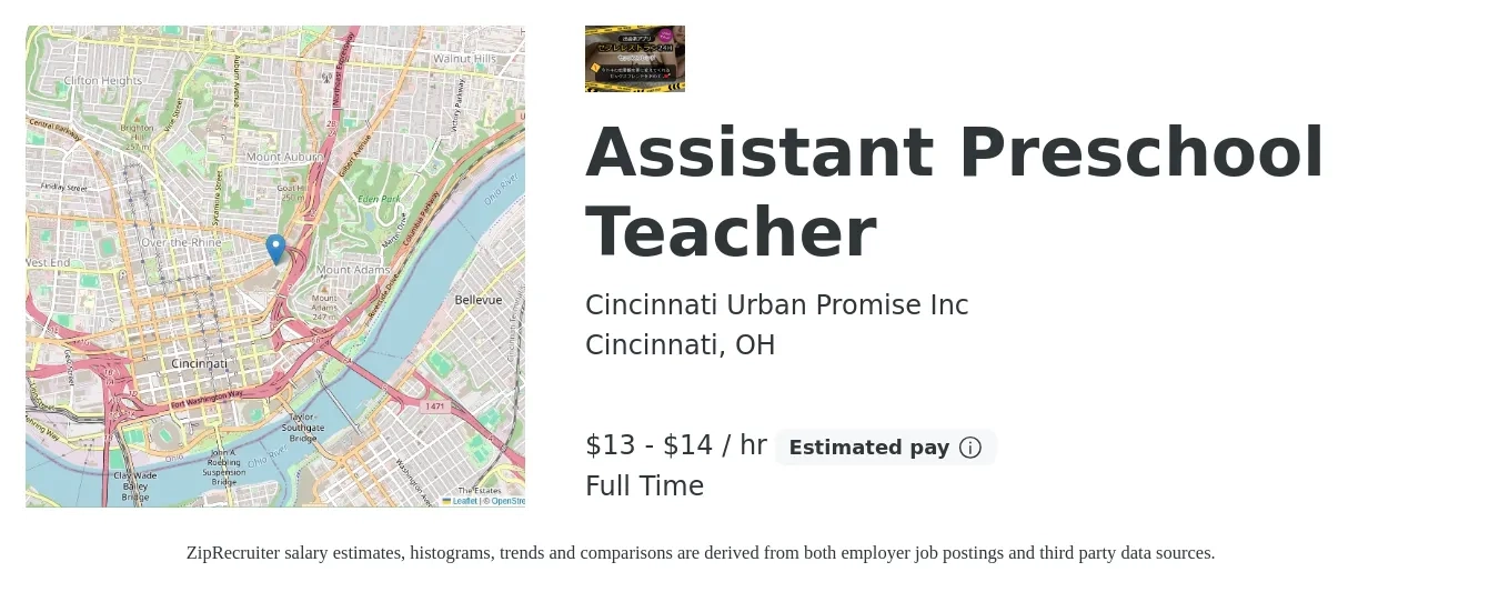 Cincinnati Urban Promise Inc job posting for a Assistant Preschool Teacher in Cincinnati, OH with a salary of $14 to $15 Hourly with a map of Cincinnati location.