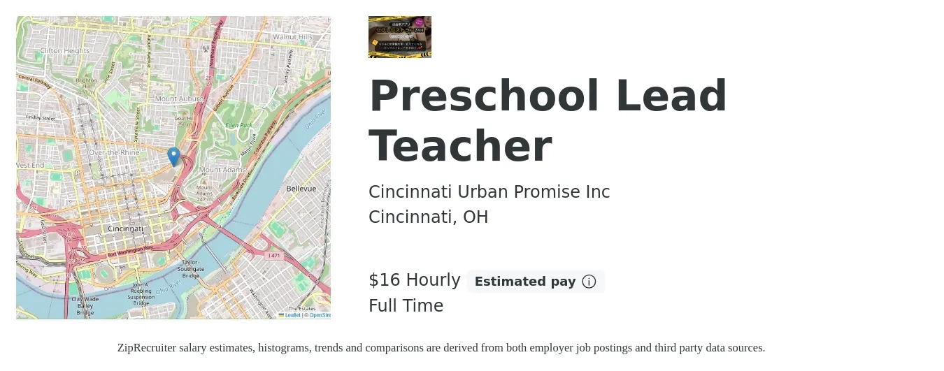 Cincinnati Urban Promise Inc job posting for a Preschool Lead Teacher in Cincinnati, OH with a salary of $36,000 Yearly with a map of Cincinnati location.