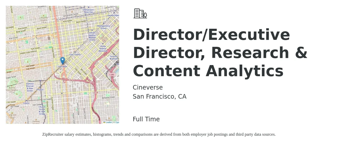 Cineverse job posting for a Director/Executive Director, Research & Content Analytics in San Francisco, CA with a salary of $125,000 to $150,000 Yearly with a map of San Francisco location.