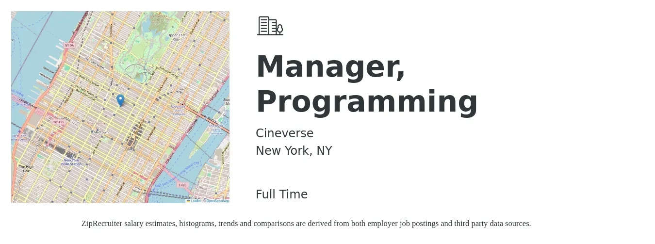 Cineverse job posting for a Manager, Programming in New York, NY with a salary of $60,000 to $75,000 Yearly with a map of New York location.
