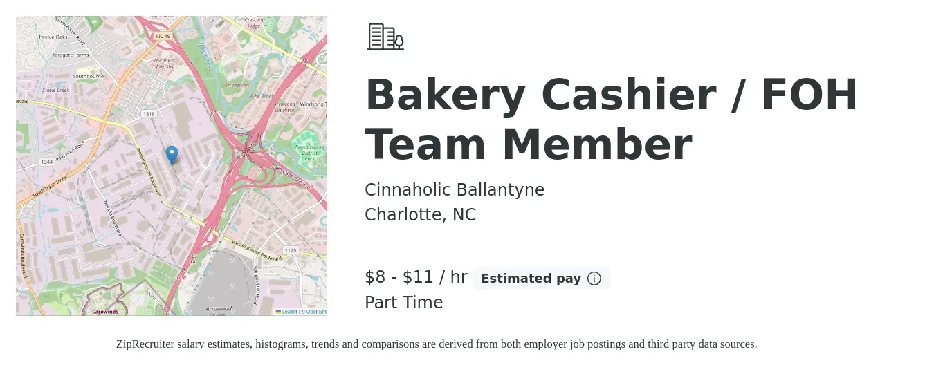 Cinnaholic Ballantyne job posting for a Bakery Cashier / FOH Team Member in Charlotte, NC with a salary of $9 to $12 Hourly (plus commission) with a map of Charlotte location.