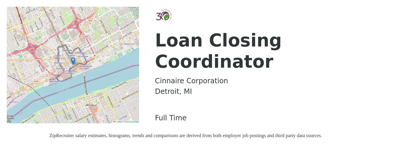 Cinnaire Corporation job posting for a Loan Closing Coordinator in Detroit, MI with a salary of $39,500 to $56,800 Yearly with a map of Detroit location.