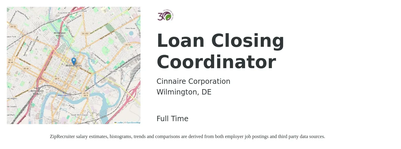 Cinnaire Corporation job posting for a Loan Closing Coordinator in Wilmington, DE with a salary of $38,800 to $55,800 Yearly with a map of Wilmington location.