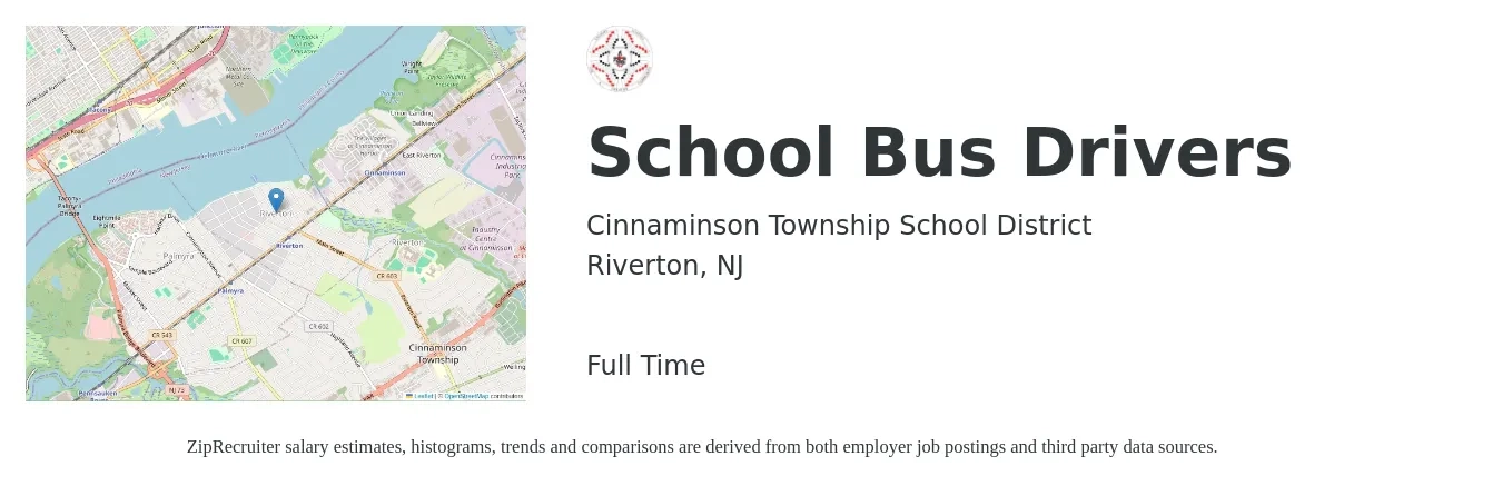 Cinnaminson Township School District job posting for a School Bus Drivers in Riverton, NJ with a salary of $17 to $24 Hourly with a map of Riverton location.