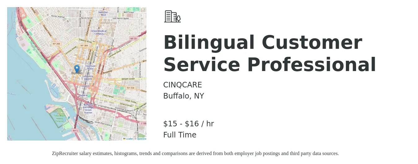 CINQCARE job posting for a Bilingual Customer Service Professional in Buffalo, NY with a salary of $16 to $17 Hourly with a map of Buffalo location.