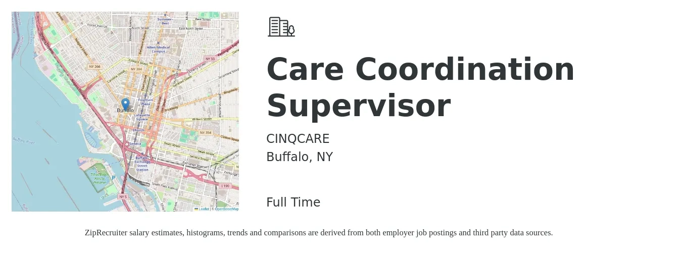 CINQCARE job posting for a Care Coordination Supervisor in Buffalo, NY with a salary of $40,700 to $62,000 Yearly with a map of Buffalo location.
