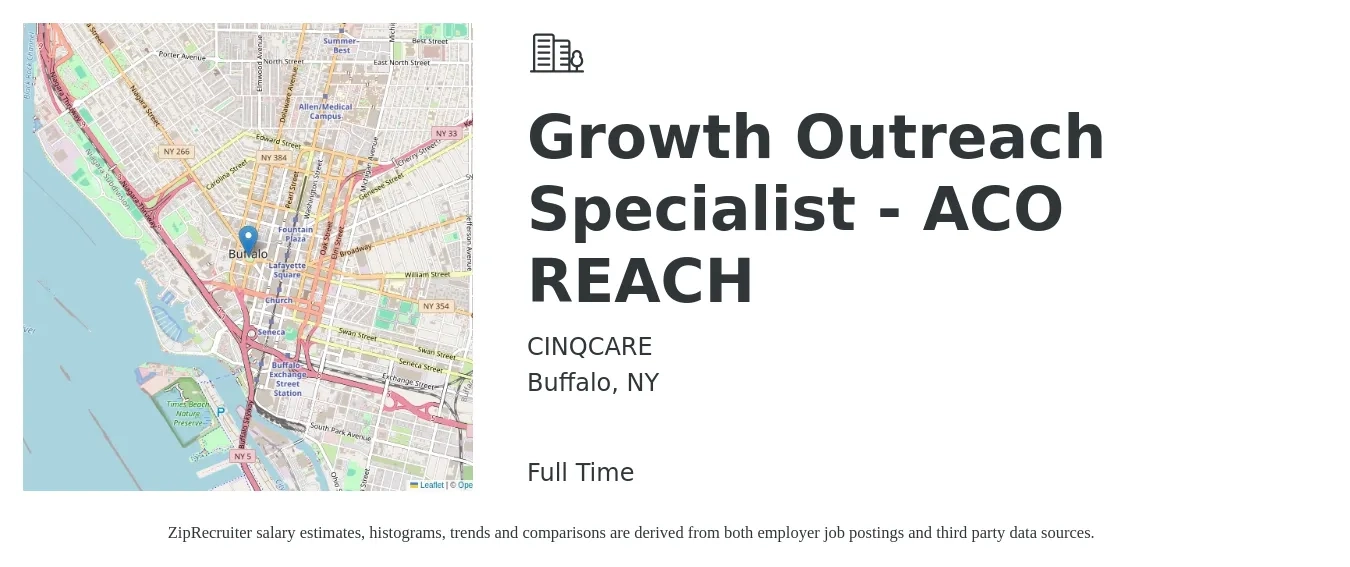 CINQCARE job posting for a Growth Outreach Specialist - ACO REACH in Buffalo, NY with a salary of $39,700 to $58,100 Yearly with a map of Buffalo location.