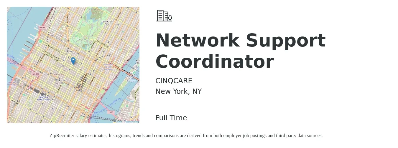 CINQCARE job posting for a Network Support Coordinator in New York, NY with a salary of $21 to $29 Hourly with a map of New York location.