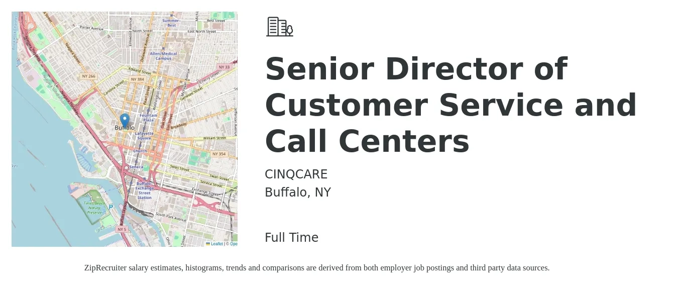 CINQCARE job posting for a Senior Director of Customer Service and Call Centers in Buffalo, NY with a salary of $92,000 to $142,900 Yearly with a map of Buffalo location.