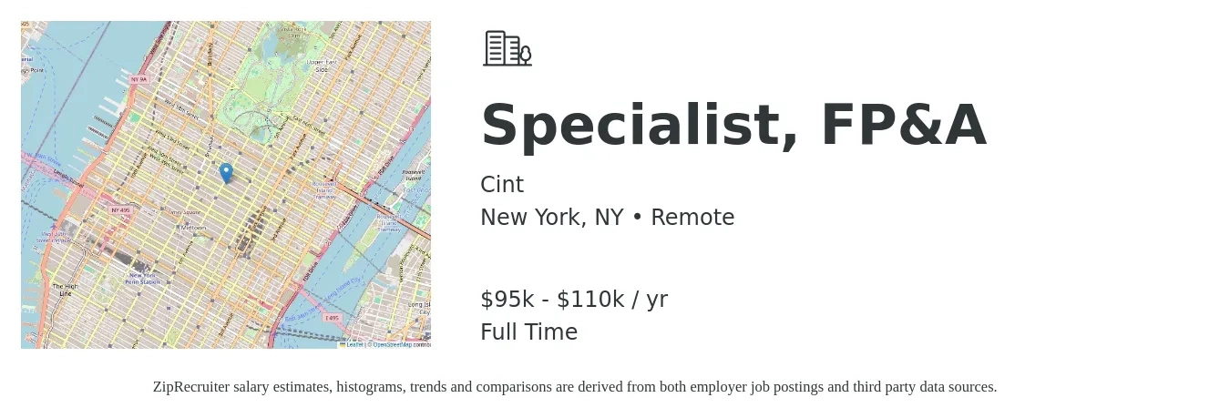 Cint job posting for a Specialist, FP&A in New York, NY with a salary of $95,000 to $110,000 Yearly with a map of New York location.