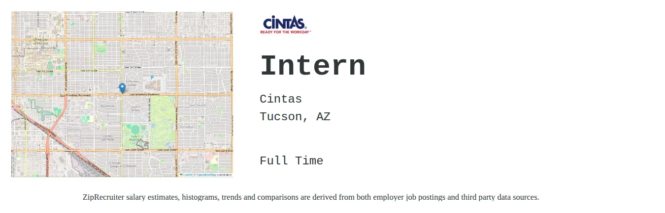 Cintas job posting for a Intern in Tucson, AZ with a salary of $14 to $18 Hourly with a map of Tucson location.