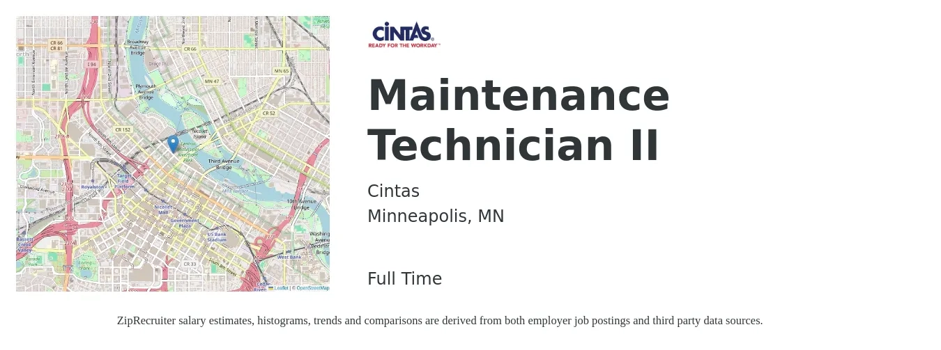 Cintas job posting for a Maintenance Technician II in Minneapolis, MN with a salary of $20 to $28 Hourly with a map of Minneapolis location.