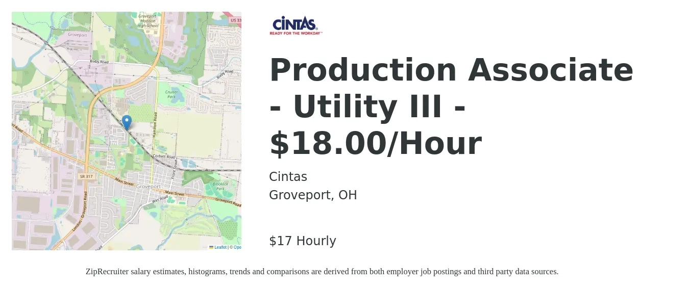 Cintas job posting for a Production Associate - Utility III - $18.00/Hour in Groveport, OH with a salary of $18 Hourly with a map of Groveport location.