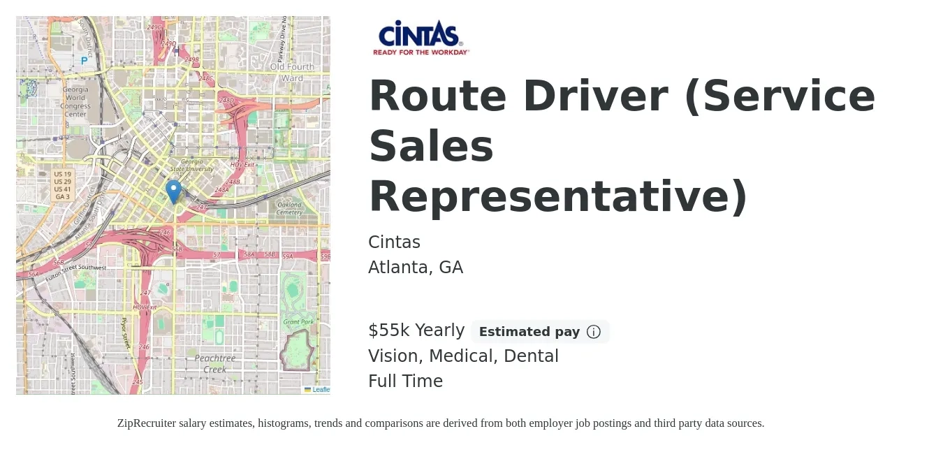 Cintas job posting for a Route Driver (Service Sales Representative) in Atlanta, GA with a salary of $55,000 Yearly and benefits including retirement, vision, dental, life_insurance, medical, and pto with a map of Atlanta location.