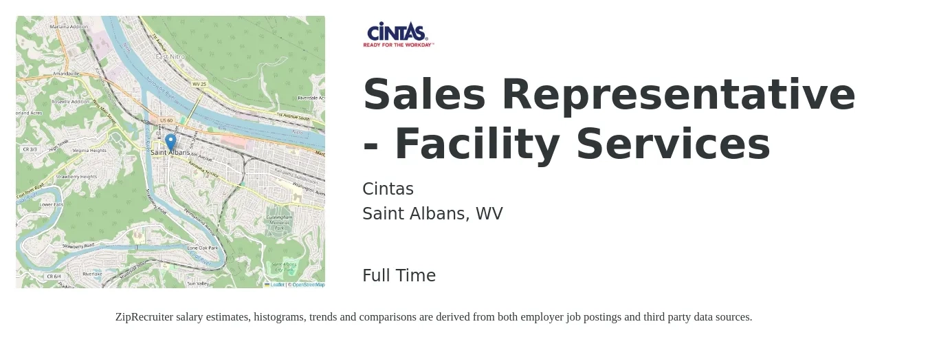 Cintas job posting for a Sales Representative - Facility Services in Saint Albans, WV with a salary of $48,600 to $84,500 Yearly with a map of Saint Albans location.