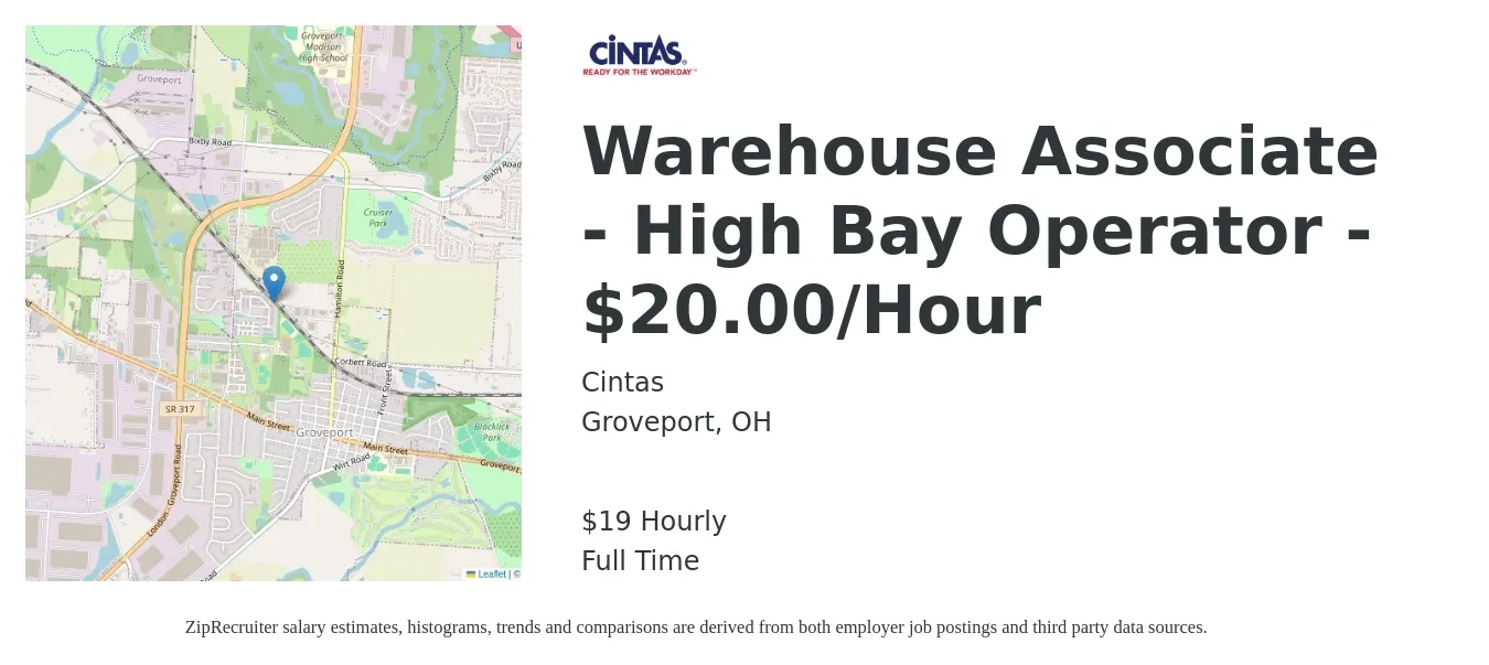 Cintas job posting for a Warehouse Associate - High Bay Operator - $20.00/Hour in Groveport, OH with a salary of $20 Hourly with a map of Groveport location.