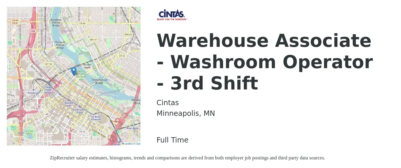 Cintas job posting for a Warehouse Associate - Washroom Operator - 3rd Shift in Minneapolis, MN with a salary of $17 to $20 Hourly with a map of Minneapolis location.