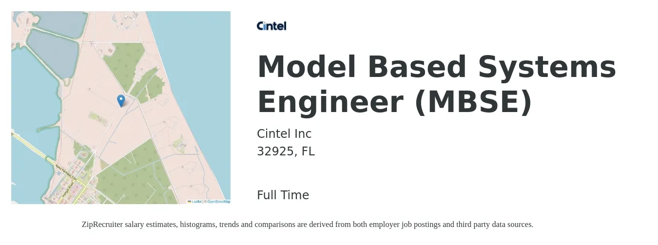Cintel Inc job posting for a Model Based Systems Engineer (MBSE) in 32925, FL with a salary of $107,400 to $172,000 Yearly with a map of 32925 location.