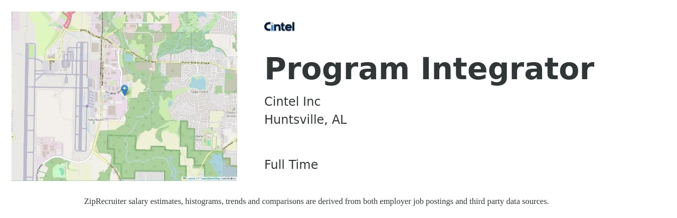 Cintel Inc job posting for a Program Integrator in Huntsville, AL with a salary of $43,700 to $83,200 Yearly with a map of Huntsville location.