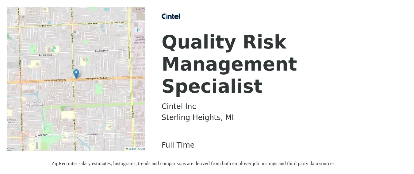 Cintel Inc job posting for a Quality Risk Management Specialist in Sterling Heights, MI with a salary of $46,600 to $78,800 Yearly with a map of Sterling Heights location.