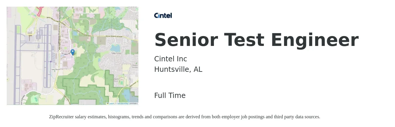 Cintel Inc job posting for a Senior Test Engineer in Huntsville, AL with a salary of $101,400 to $141,900 Yearly with a map of Huntsville location.