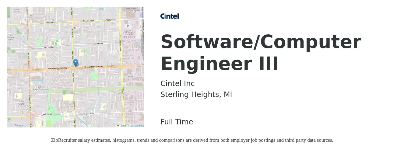 Cintel Inc job posting for a Software/Computer Engineer III in Sterling Heights, MI with a salary of $111,900 to $161,300 Yearly with a map of Sterling Heights location.