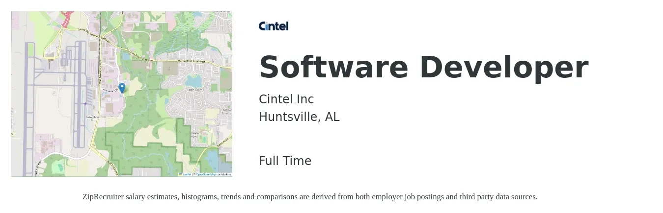 Cintel Inc job posting for a Software Developer in Huntsville, AL with a salary of $93,600 to $135,200 Yearly with a map of Huntsville location.