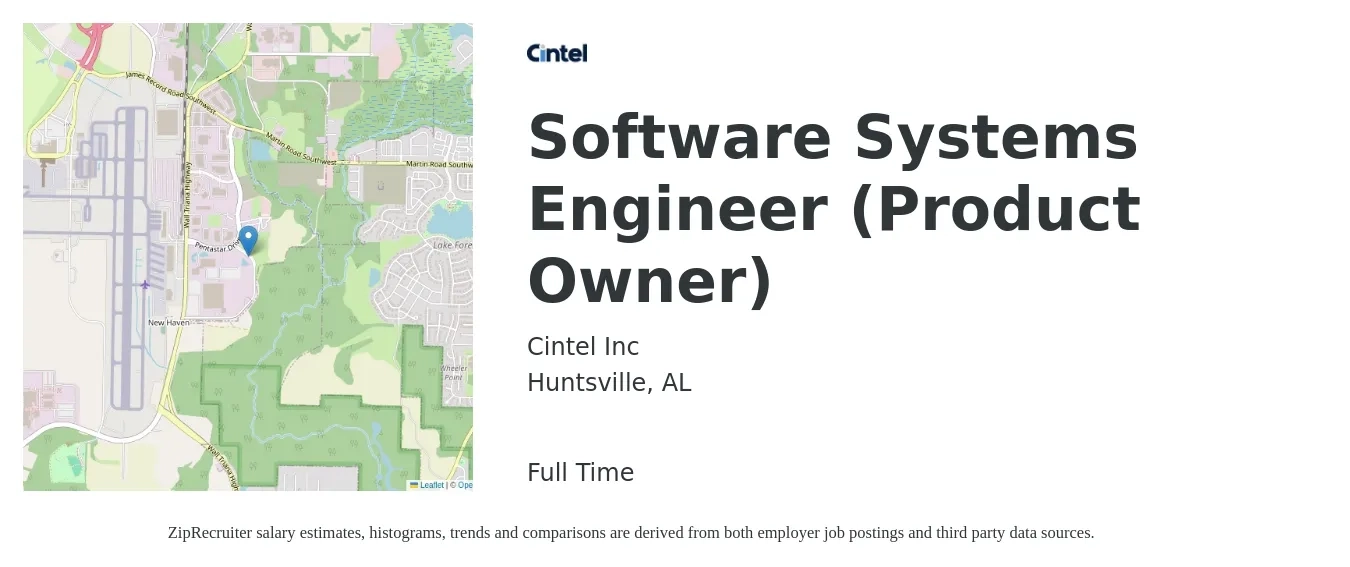Cintel Inc job posting for a Software Systems Engineer (Product Owner) in Huntsville, AL with a salary of $97,200 to $134,700 Yearly with a map of Huntsville location.