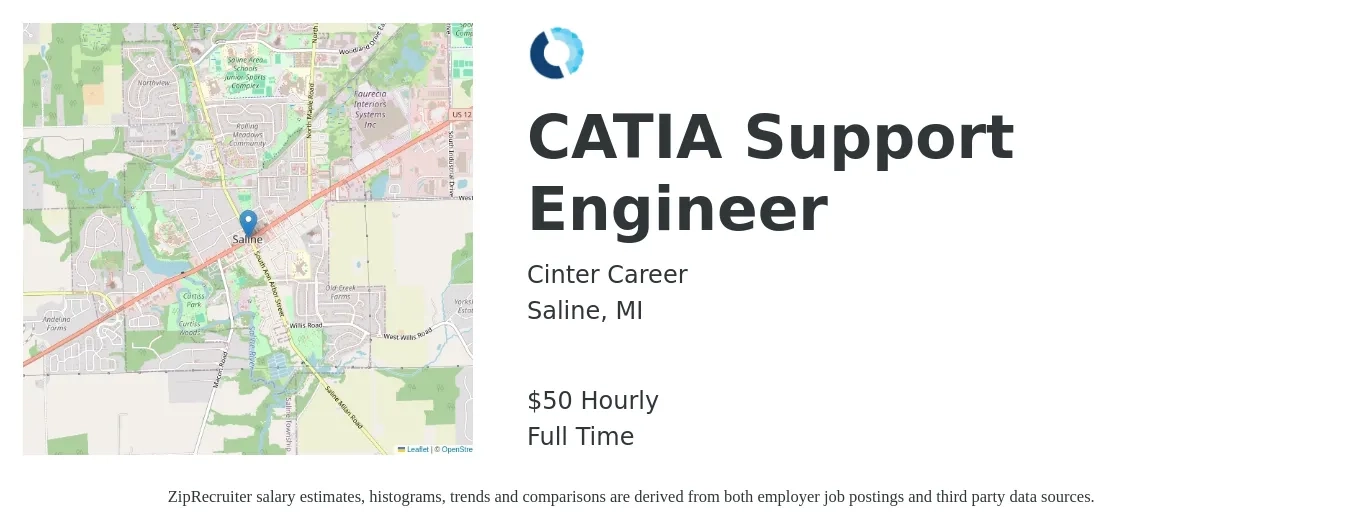 Cinter Career job posting for a CATIA Support Engineer in Saline, MI with a salary of $49 to $52 Yearly with a map of Saline location.