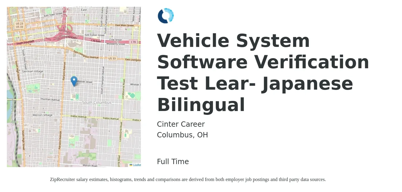 Cinter Career job posting for a Vehicle System Software Verification Test Lear- Japanese Bilingual in Columbus, OH with a salary of $38 to $61 Hourly with a map of Columbus location.